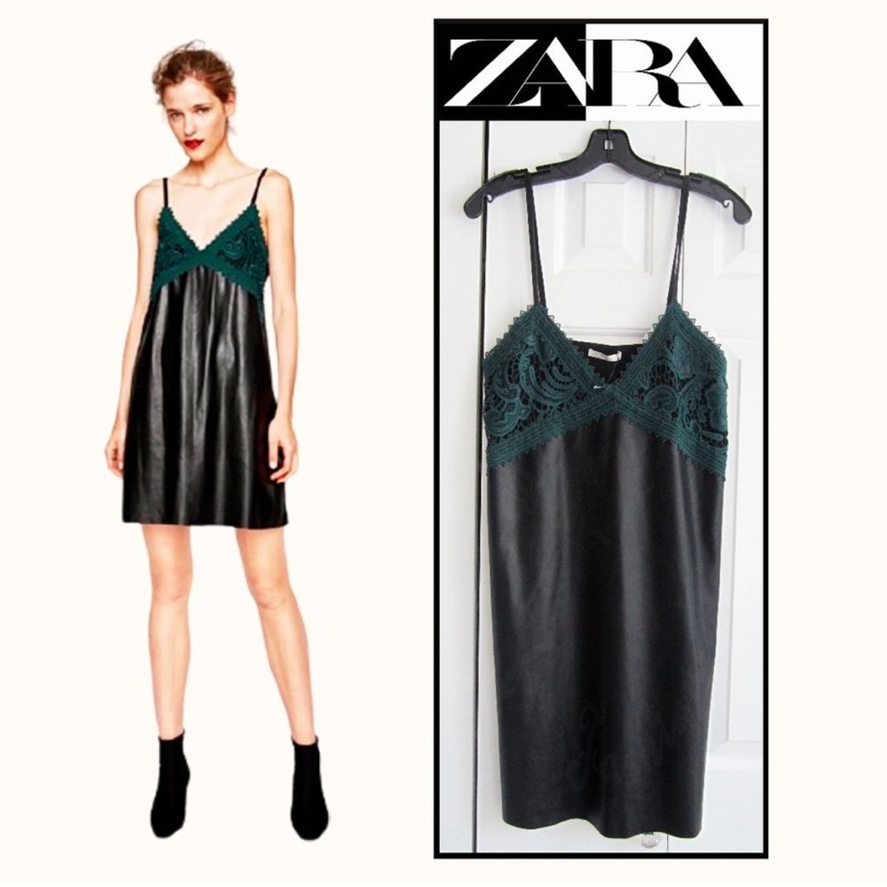 Zara black faux leather dress with green lace size extra large